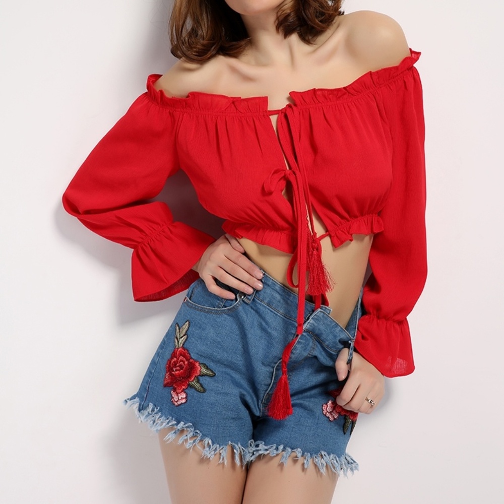 NWOT Red Crop Top Off-Shoulder with Ties